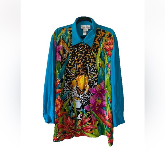 Diane Gilman Women's VTG silk Blue tiger Blouse Size 3X - Picture 10 of 14